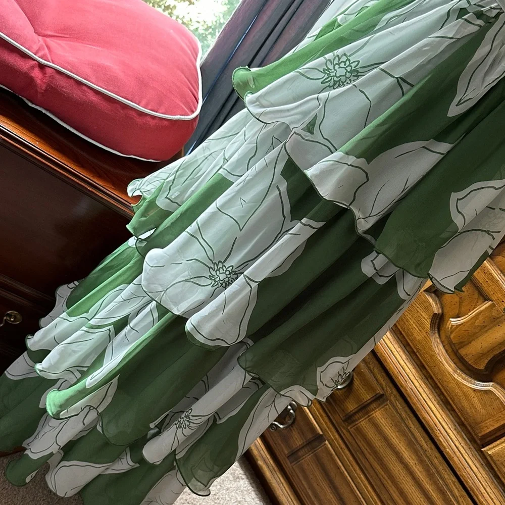 Long Green and White Dress floral dress with a tiered ruffle skirt and sash. - Picture 6 of 7